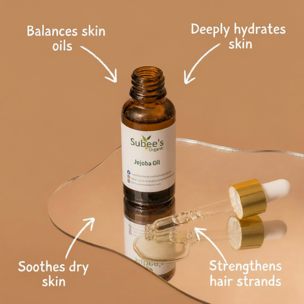 A bottle of Subee's Organics jojoba Oil with a glass dropper and gold cap resting on a clear, wavy glass tray against a solid warm beige background.