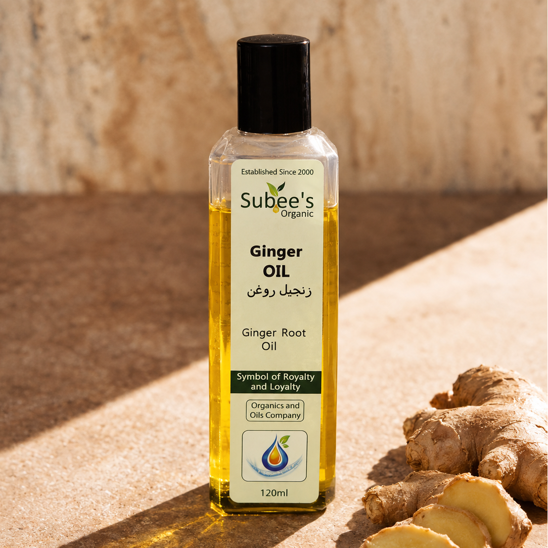 A bottle of Subee's Organic Ginger Oil stands on a stone surface next to fresh ginger roots, with warm sunlight casting shadows and light across the scene.