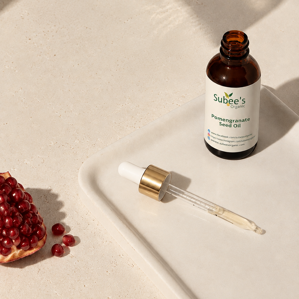 A bottle of Subbee's Pomegranate Seed Oil and its dropper bottle are arranged on a white ceramic tray, styled with fresh pomegranate halves and seeds on a light beige stone surface with artistic shadows.